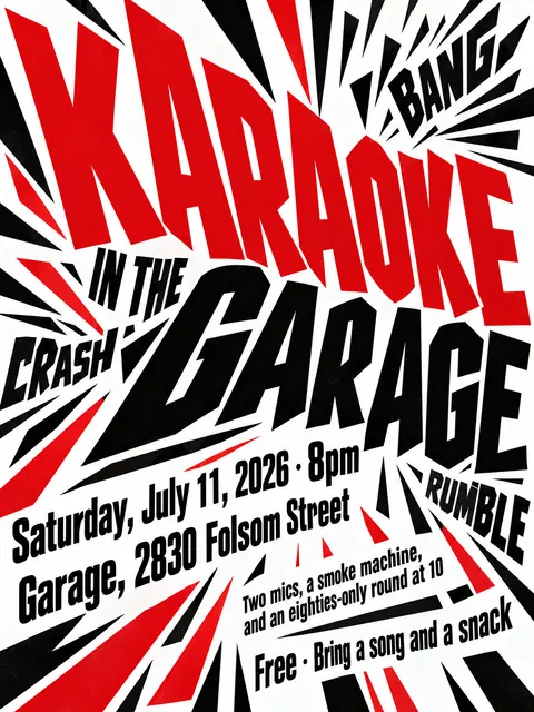 Italian Futurist Typography style party flyer for a fictional house: Karaoke in the Garage