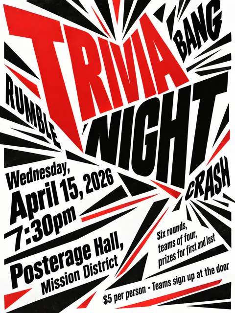 Italian Futurist Typography style party flyer for a fictional house: Trivia Night
