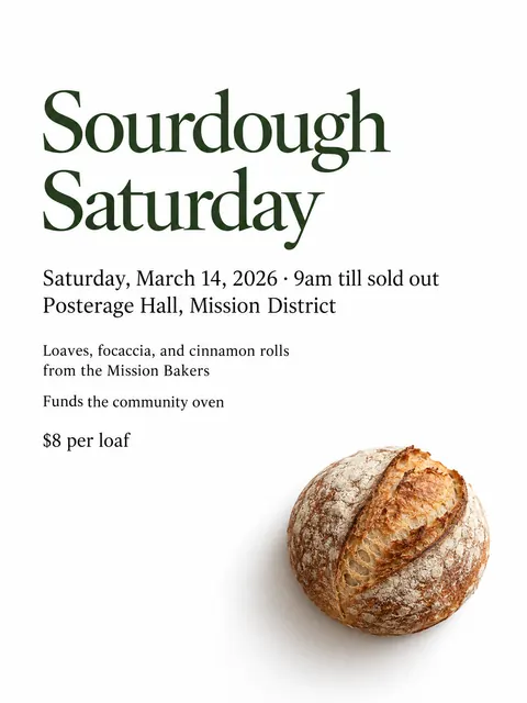 Japanese Minimal Poster style party flyer for a fictional bake-sale: Sourdough Saturday