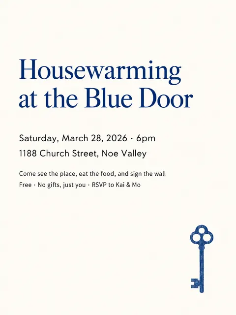 Japanese Minimal Poster style party flyer for a fictional house: Housewarming at the Blue Door