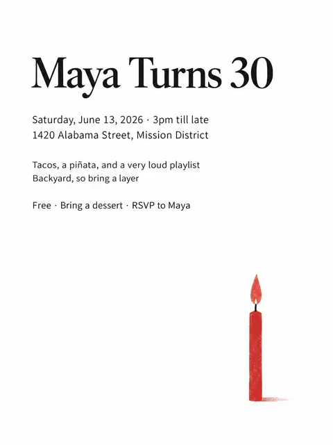 Japanese Minimal Poster style party flyer for a fictional birthday: Maya Turns 30
