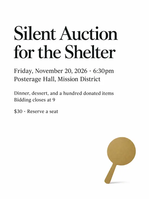 Japanese Minimal Poster style party flyer for a fictional fundraiser: Silent Auction for the Shelter