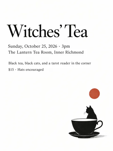 Japanese Minimal Poster style party flyer for a fictional halloween: Witches' Tea