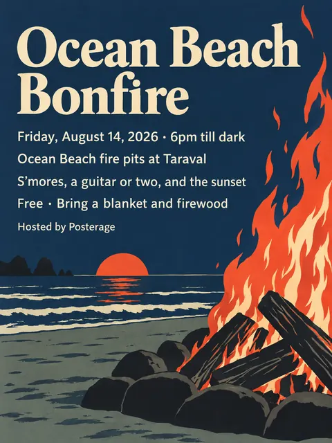 Japonisme style party flyer for a fictional pool: Ocean Beach Bonfire