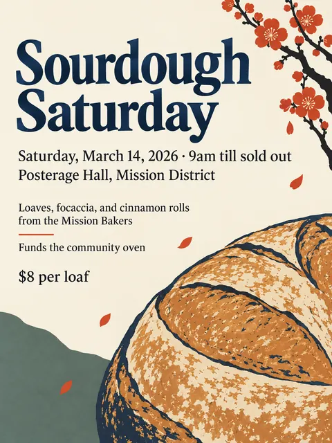 Japonisme style party flyer for a fictional bake-sale: Sourdough Saturday