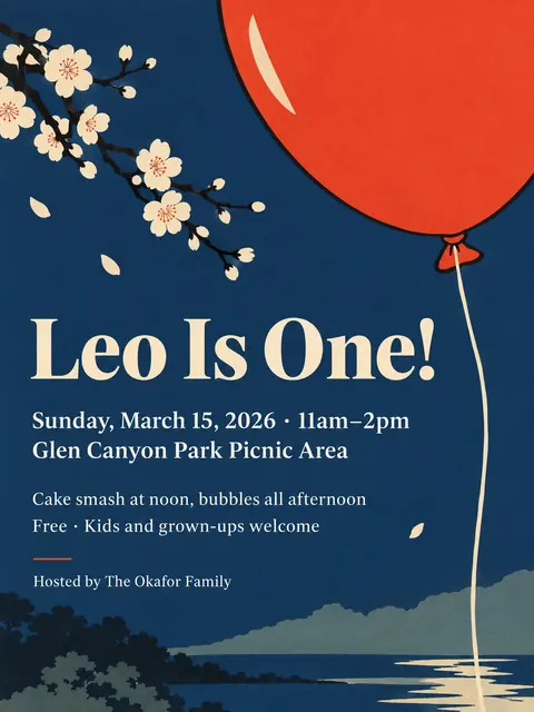 Japonisme style party flyer for a fictional birthday: Leo Is One!