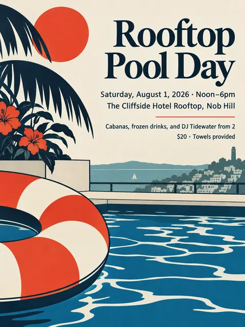 Japonisme style party flyer for a fictional pool: Rooftop Pool Day