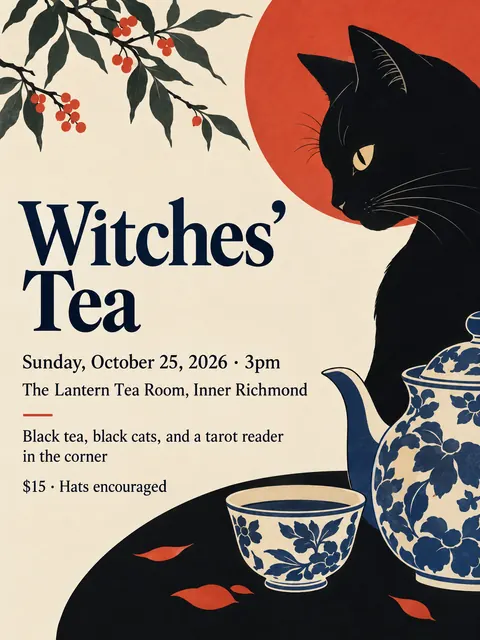 Japonisme style party flyer for a fictional halloween: Witches' Tea