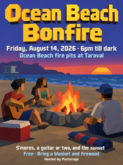 Low Poly style party flyer for a fictional pool: Ocean Beach Bonfire