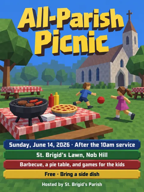Low Poly style party flyer for a fictional church: All-Parish Picnic