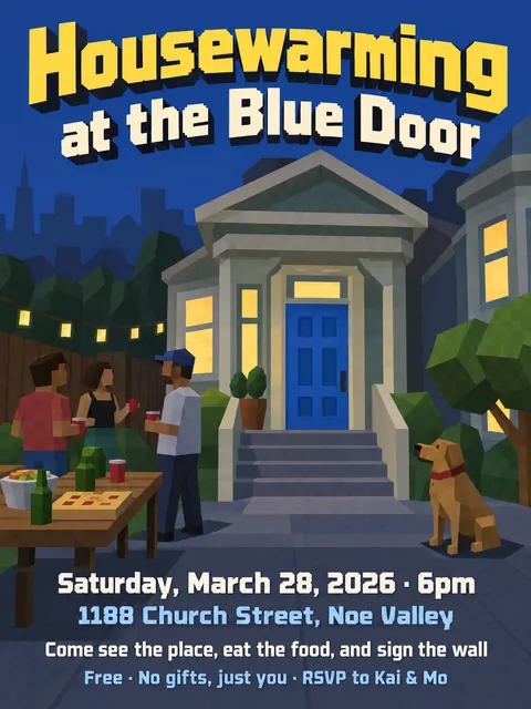Low Poly style party flyer for a fictional house: Housewarming at the Blue Door