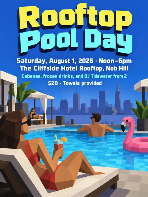 Low Poly style party flyer for a fictional pool: Rooftop Pool Day