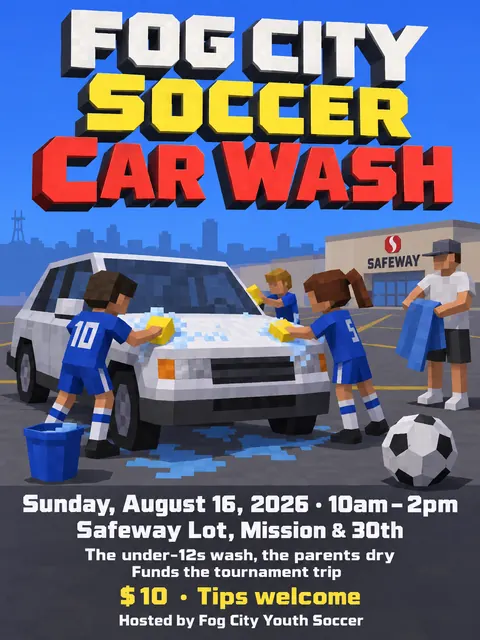 Low Poly style party flyer for a fictional car-wash: Fog City Soccer Car Wash