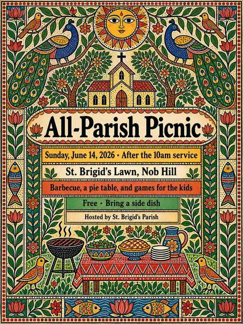 Madhubani / Indian Folk Art style party flyer for a fictional church: All-Parish Picnic
