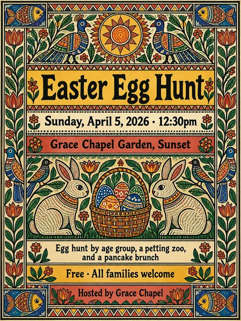 Madhubani / Indian Folk Art style party flyer for a fictional church: Easter Egg Hunt