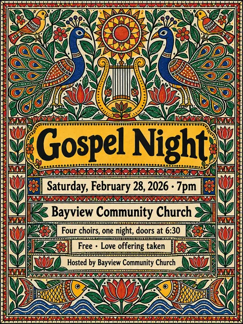 Madhubani / Indian Folk Art style party flyer for a fictional church: Gospel Night