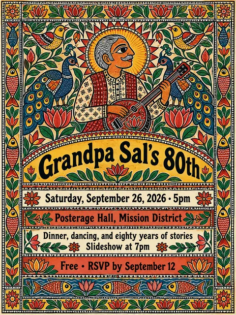 Madhubani / Indian Folk Art style party flyer for a fictional birthday: Grandpa Sal's 80th