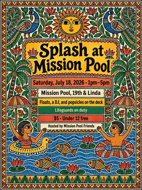 Madhubani / Indian Folk Art style party flyer for a fictional pool: Splash at Mission Pool