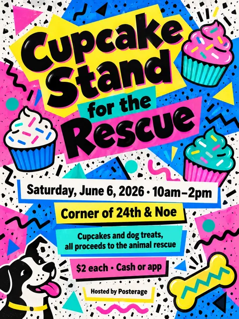 Memphis / 80s Postmodern style party flyer for a fictional bake-sale: Cupcake Stand for the Rescue