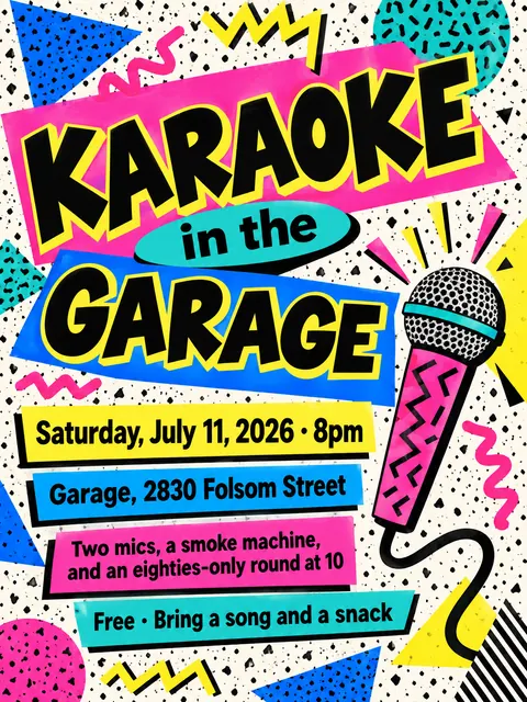 Memphis / 80s Postmodern style party flyer for a fictional house: Karaoke in the Garage