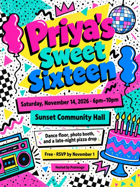 Memphis / 80s Postmodern style party flyer for a fictional birthday: Priya's Sweet Sixteen