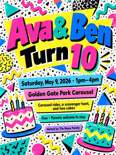 Memphis / 80s Postmodern style party flyer for a fictional birthday: Ava & Ben Turn 10