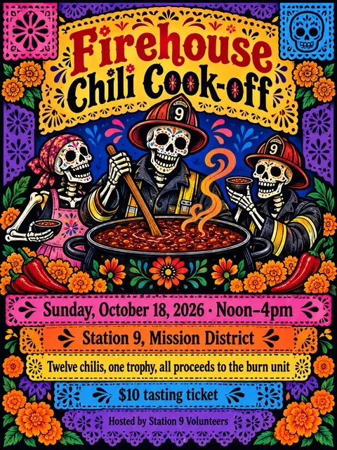 Mexican Calavera / Posada style party flyer for a fictional fundraiser: Firehouse Chili Cook-off