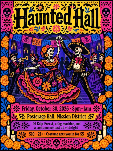 Mexican Calavera / Posada style party flyer for a fictional halloween: Haunted Hall