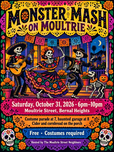 Mexican Calavera / Posada style party flyer for a fictional halloween: Monster Mash on Moultrie