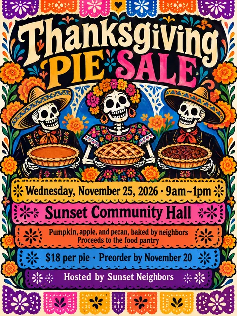 Mexican Calavera / Posada style party flyer for a fictional bake-sale: Thanksgiving Pie Sale