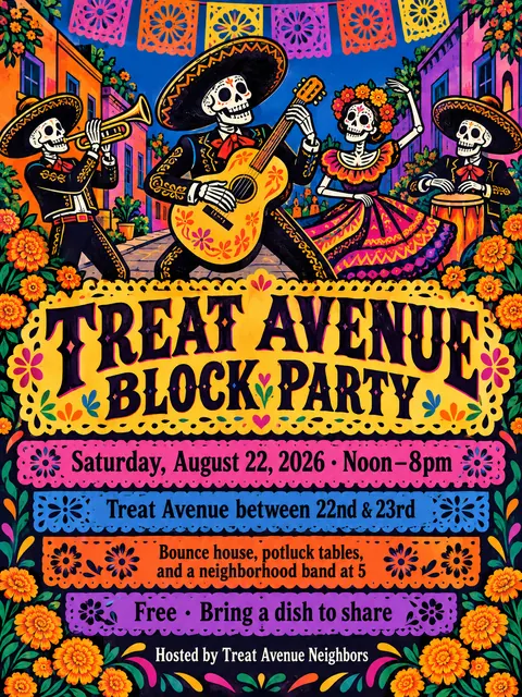 Mexican Calavera / Posada style party flyer for a fictional block: Treat Avenue Block Party
