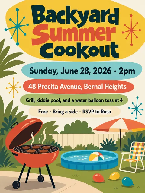 Mid-century Modern Graphic style party flyer for a fictional pool: Backyard Summer Cookout