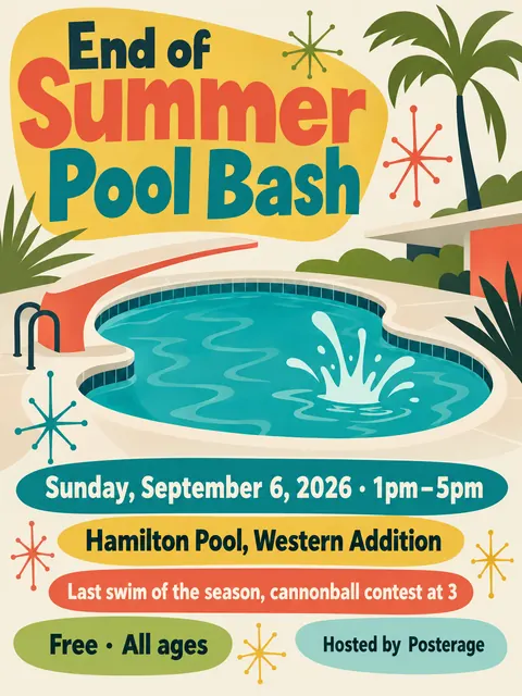 Mid-century Modern Graphic style party flyer for a fictional pool: End of Summer Pool Bash