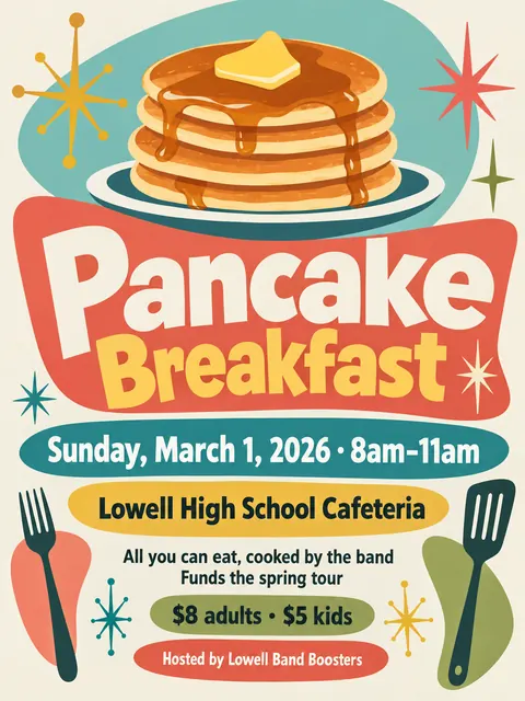 Mid-century Modern Graphic style party flyer for a fictional fundraiser: Pancake Breakfast