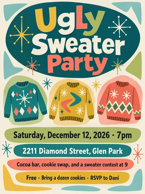 Mid-century Modern Graphic style party flyer for a fictional holiday: Ugly Sweater Party
