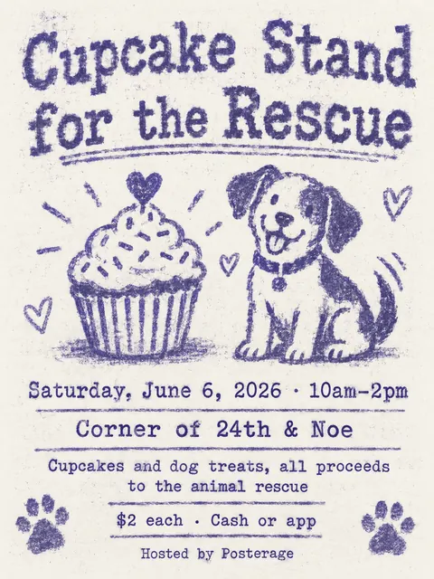 Mimeograph / Ditto Machine style party flyer for a fictional bake-sale: Cupcake Stand for the Rescue