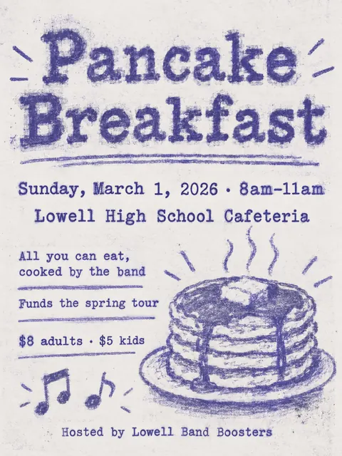 Mimeograph / Ditto Machine style party flyer for a fictional fundraiser: Pancake Breakfast