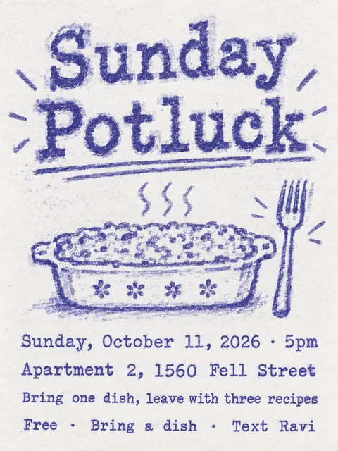 Mimeograph / Ditto Machine style party flyer for a fictional house: Sunday Potluck