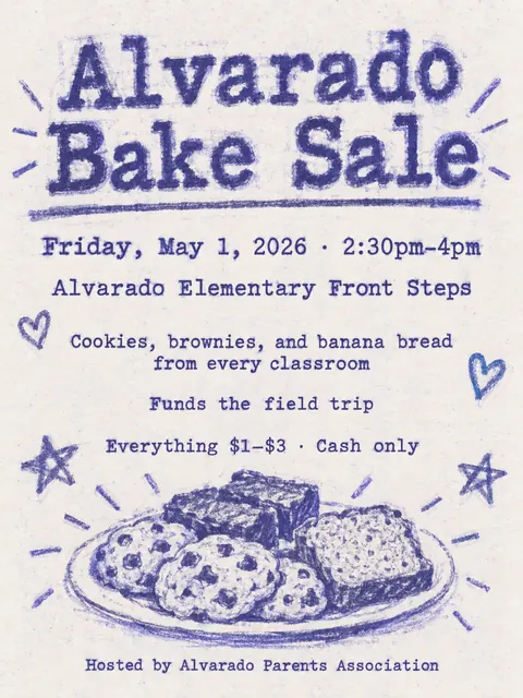 Mimeograph / Ditto Machine style party flyer for a fictional bake-sale: Alvarado Bake Sale