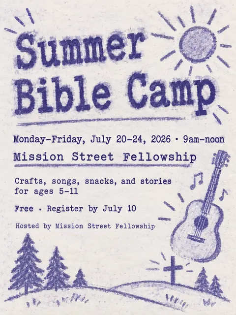 Mimeograph / Ditto Machine style party flyer for a fictional church: Summer Bible Camp