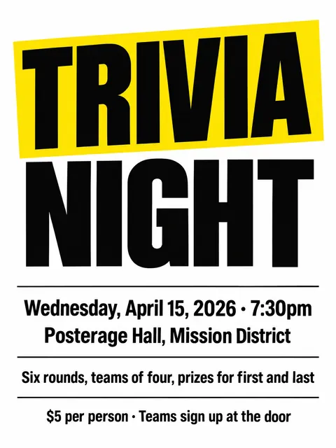 Monochrome + Single Accent style party flyer for a fictional house: Trivia Night