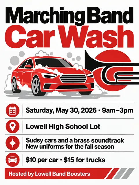 NASA Worm Modernist style party flyer for a fictional car-wash: Marching Band Car Wash