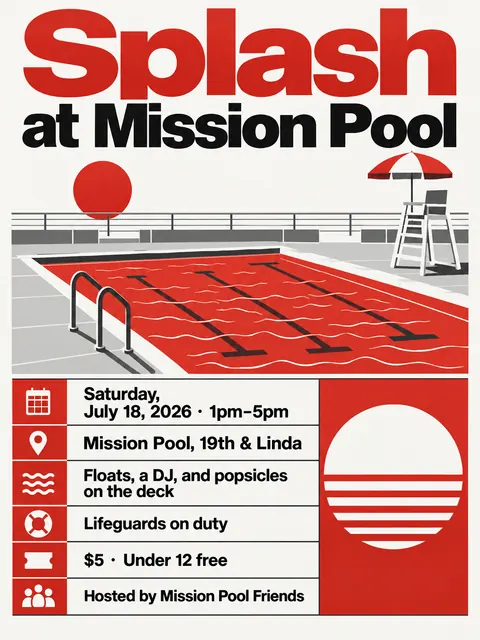 NASA Worm Modernist style party flyer for a fictional pool: Splash at Mission Pool