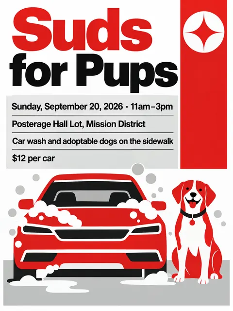 NASA Worm Modernist style party flyer for a fictional car-wash: Suds for Pups