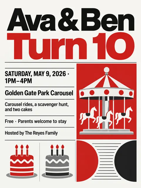 NASA Worm Modernist style party flyer for a fictional birthday: Ava & Ben Turn 10