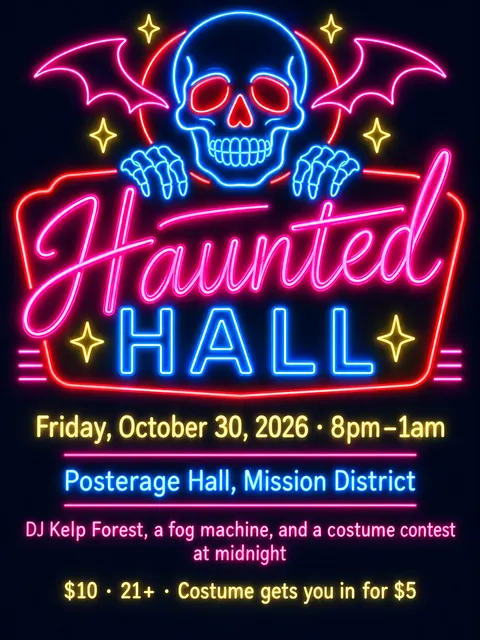 Neon Sign / Diner Americana style party flyer for a fictional halloween: Haunted Hall