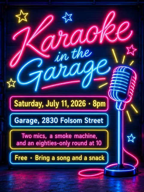 Neon Sign / Diner Americana style party flyer for a fictional house: Karaoke in the Garage