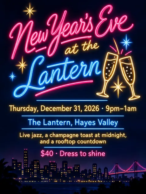Neon Sign / Diner Americana style party flyer for a fictional holiday: New Year's Eve at the Lantern