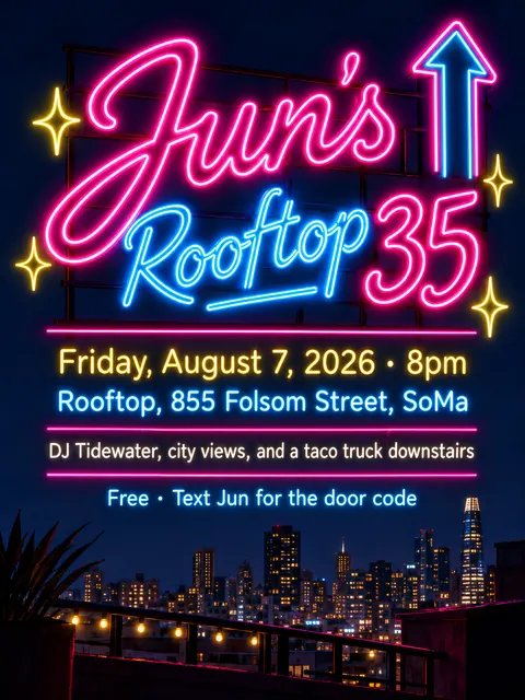 Neon Sign / Diner Americana style party flyer for a fictional birthday: Jun's Rooftop 35