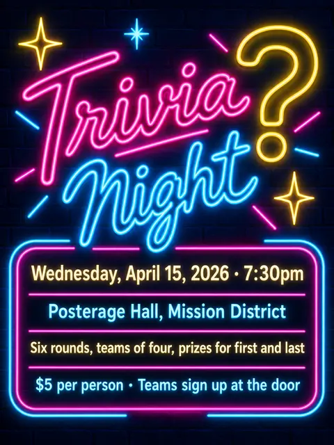 Neon Sign / Diner Americana style party flyer for a fictional house: Trivia Night